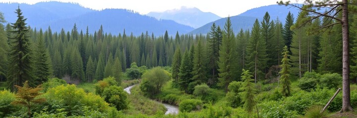 Fototapeta premium A serene and tranquil forest landscape with lush green trees and a gentle flowing stream, growth, outdoor