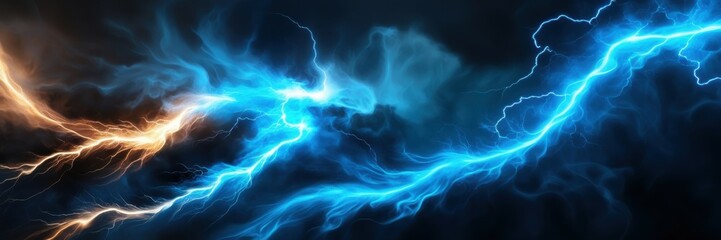 Obraz premium Electric storm, cosmic energy clash, blue and orange lightning, celestial forces colliding, ethereal wisps, dark background, dynamic energy flow, abstract cosmos, vibrant contrasts, swirling nebula-li