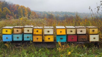 A row of colorful beehives sits in a field with a misty forest in the background.