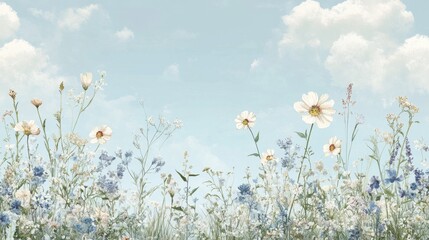 Serene Meadow of Wildflowers Under a Cloudy Sky