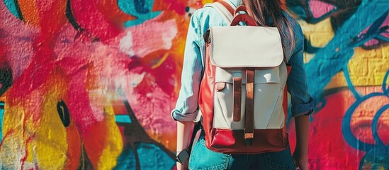 Fototapeta premium Young woman with backpack standing in front of a colorful graffiti wall.