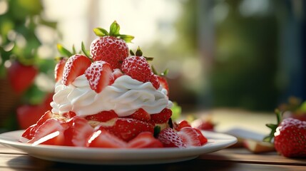 Fresh Strawberries and Whipped Cream on a Soft Dessert Cake Decorated with Mint