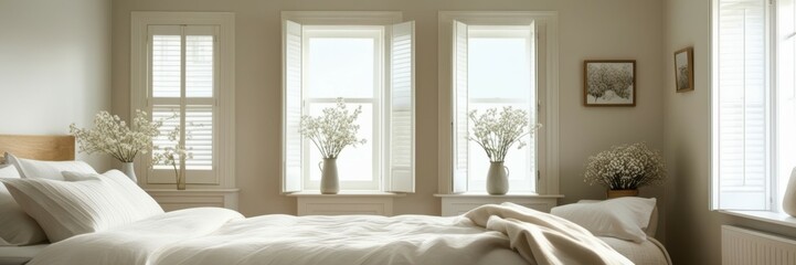 Luxurious bedroom interior, soft natural light, white orchids, plush bedding, neutral tones, serene atmosphere, shuttered windows, minimalist decor, cozy throw pillows, wooden tray, elegant simplicity