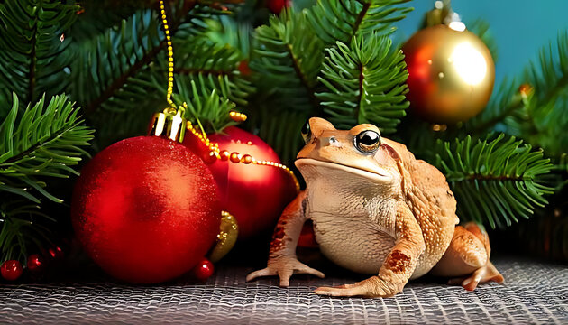 tad sitting next christmas decoration near fir tree festive ornaments