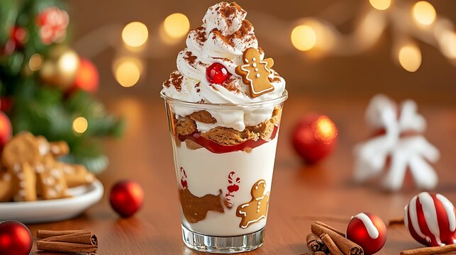 A festive parfait layered with whipped cream, gingerbread cookies, and cherry topping, decorated with a gingerbread man and holiday ornaments in the background.