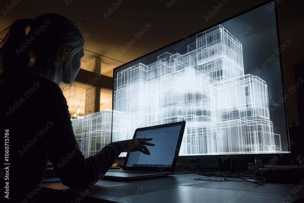 Poster Silhouette of a Woman Working on a Laptop with a Wireframe Building Displayed on the Monitor
