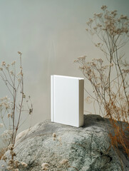 Blank white book standing on rock with dry plants