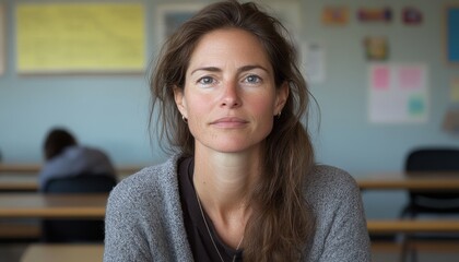 A focused teacher poses in a classroom amidst student activity and learning