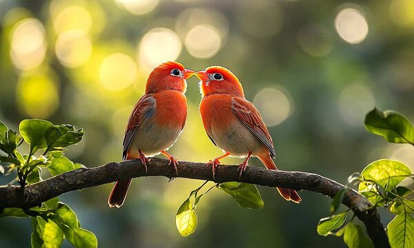 Two vibrant birds perched on a branch surrounded by greenery.