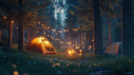A cozy campsite in the woods with a campfire, tents, and string lights.