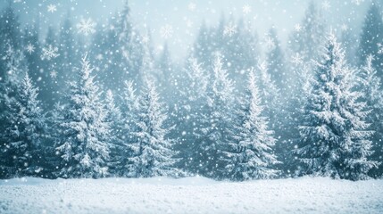 Winter wonderland scene with a forest of snow-laden fir trees and drifting snowflakes, ideal for holiday and New Year greetings.