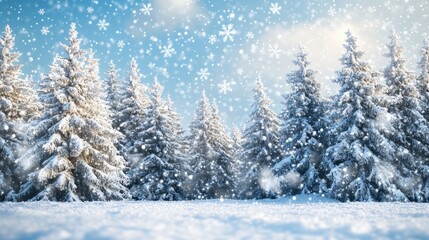 Winter wonderland scene with a forest of snow-laden fir trees and drifting snowflakes, ideal for holiday and New Year greetings.