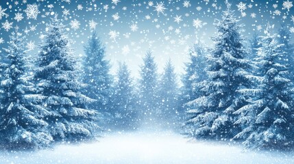 Obraz premium Winter wonderland scene with a forest of snow-laden fir trees and drifting snowflakes, ideal for holiday and New Year greetings.