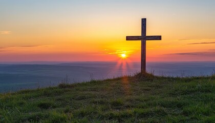 Resurrection of Jesus Christ at sunrise with an empty tomb and shroud beside a cross