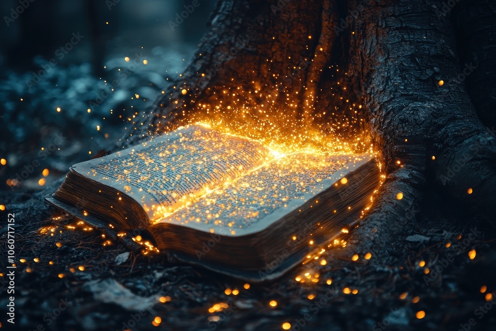 Poster an open book emanating golden light in a dark forest
