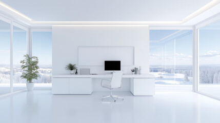 modern interior design 3d render for a new apartment, with to floor windows, light and contrast color,