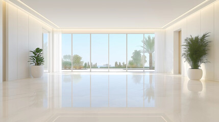 Fototapeta premium modern interior design 3d render for a new apartment, with to floor windows, light and contrast color,