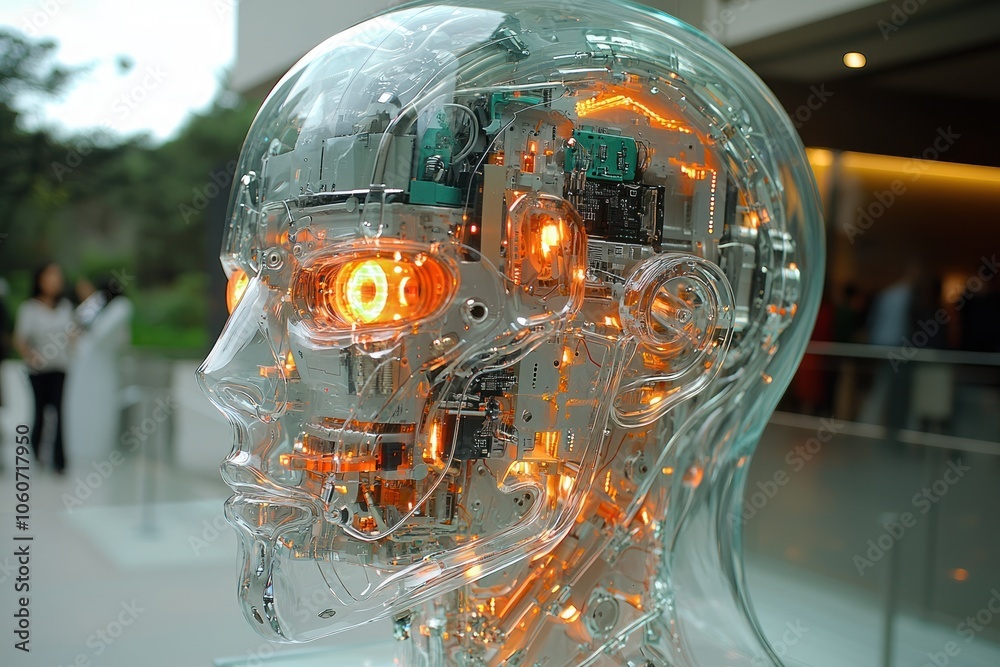 Poster transparent humanoid sculpture with illuminated internal circuits