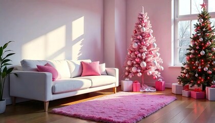 a modern and minimalist living room with white furniture, pink accents, and a large pink and white shag rug on the floor, sofa white, pink pillow, tree christmas