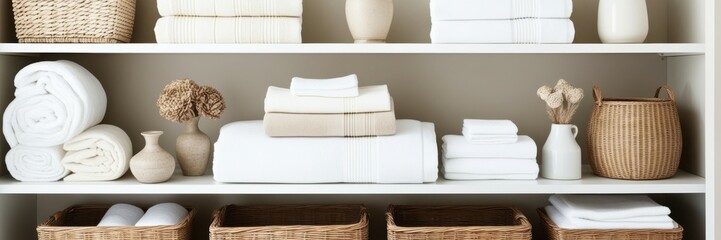 Organized linen closet, white towels, woven baskets, wooden shelves, minimalist storage, neutral color palette, clean aesthetic, bathroom essentials, folded linens, tidy arrangement, home organization