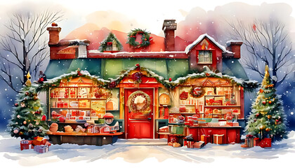 vibrant watercolor artwork christmas toy shop snowy white background colorful festive illustrations generated ai algorithm