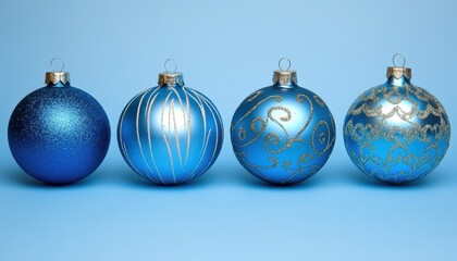 Blue Christmas ornaments creating a festive atmosphere on a winter holiday background