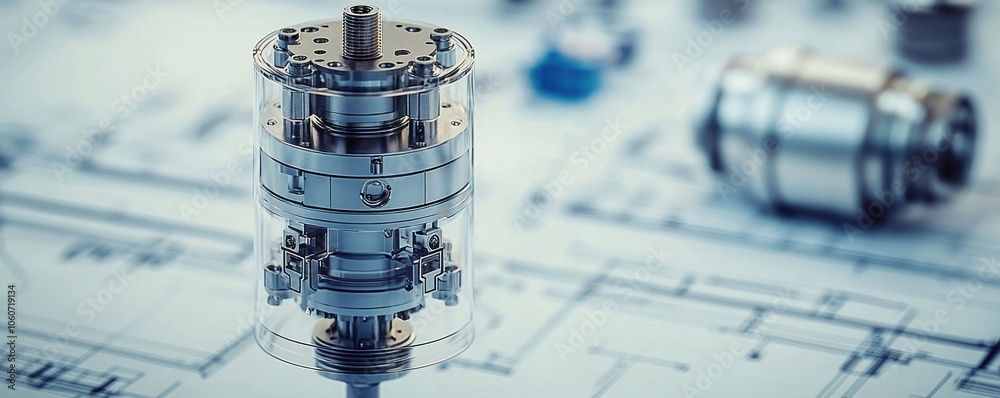 Poster Close-up of a Complex Mechanical Component in a Transparent Case