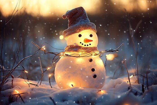 Snowman glowing at dusk in a snowy field with lights and snowfall, creating a festive winter atmosphere.