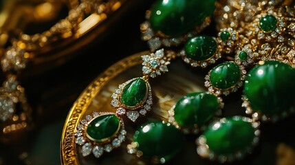 luxurious jade jewelry pieces, including elegant earrings and a stunning necklace, sparkling under soft lighting, showcasing the rich green hues and intricate craftsmanship that define opulence.