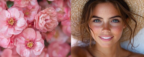Fototapeta premium Close-up Portrait of a Woman with Freckles and Pink Flowers