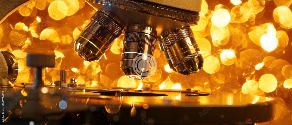 Aufkleber Close-up of a Microscope with Golden Bokeh Background