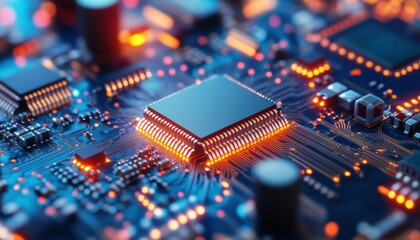 Abstract 3D rendering of a circuit board with glowing digital patterns and waves