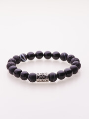 A charming double bracelet in shades of pink, made from natural stone and set against a gray background. The heart charm with cubic zirconia stands out in this close-up top view