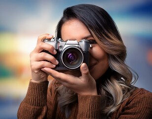 photographer with camera close to their face - Camera in Focus