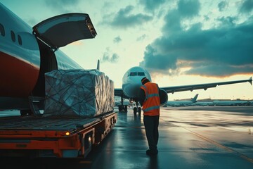 Airport ground crew loading cargo onto airplane at sunset