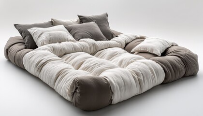 A serene minimalist bedroom with a cozy platform bed in soothing shades of gray