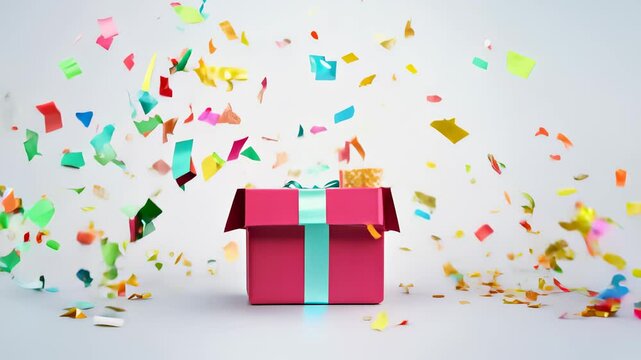 Colorful confetti bursts out of an open pink gift box, creating a festive and joyful celebration scene