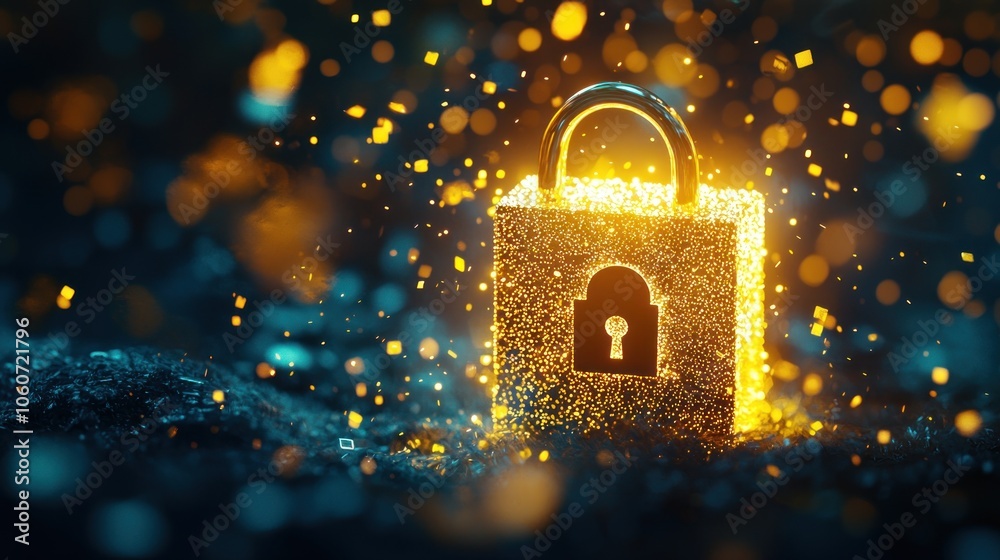 Poster glowing padlock with golden sparks on a dark background