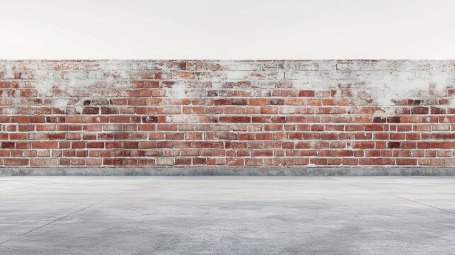 Fototapeta A brick wall, reddish-brown with some white patches, sits on a light gray concrete floor.