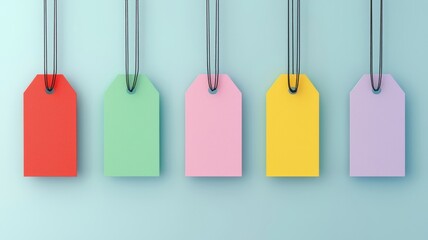 A colorful arrangement of blank tags hanging against a pastel background, perfect for labeling or price tagging in various creative projects.