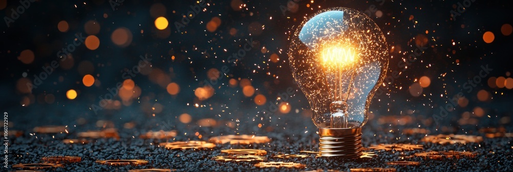 Poster glowing lightbulb on a bed of gears with sparks flying