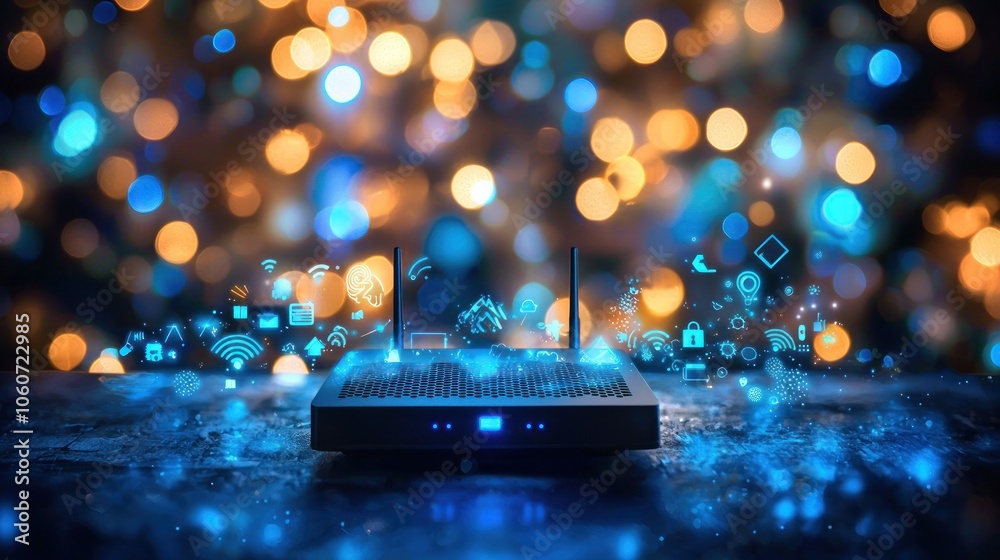 Fototapete Wireless Router with Blue Glowing Icons Against Bokeh Background