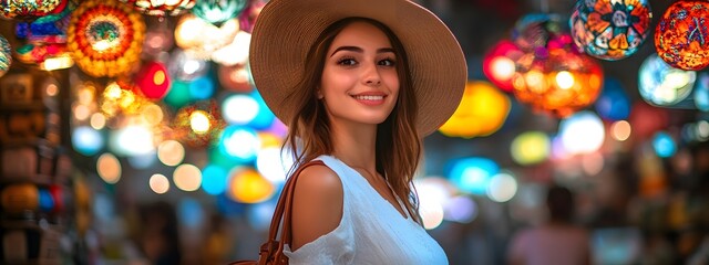 A photograph of an attractive young woman in her early thirties, standing amidst the vibrant and bustling atmosphere of an earthy-colored bohemian market shop with hanging lights