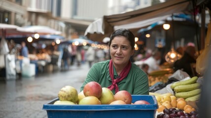 Fototapeta premium Woman Selling Fruit at a Bustling Market During a Rainy Day. Generative AI