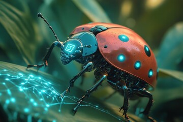 A Cyborg Ladybug with Glowing Lights and a Network Pattern