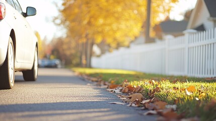 Charming Suburban Driveway with Gate Barrier and Car - Serene Autumn Scene in Modern Neighborhood with White Picket Fence