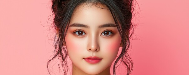 Obraz premium Close-up Portrait of a Woman with Pink Blush and Dark Hair