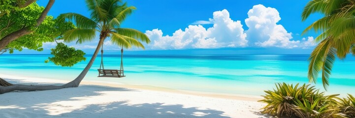 Obraz premium Tropical paradise, pristine white sand beach, crystal clear turquoise water, palm trees, wooden swing, lush foliage, sunny blue sky, fluffy white clouds, idyllic island getaway, panoramic view, serene