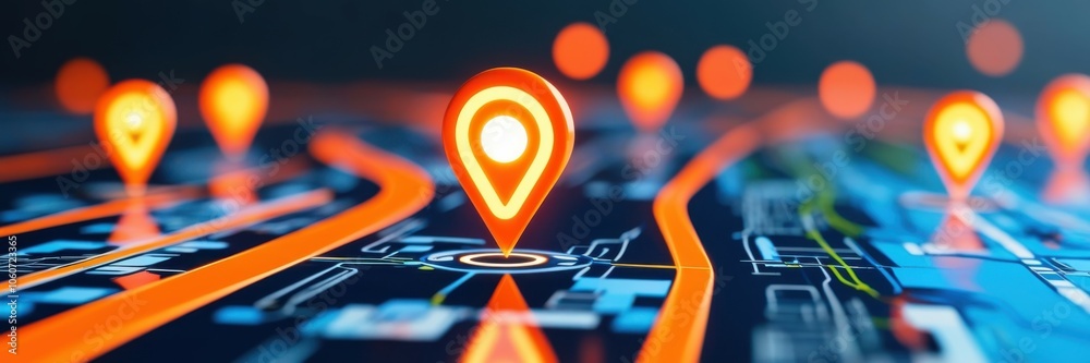 Wall mural navigation pins, gps markers, digital map, glowing orange location icons, blue network connections, 