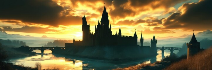 Ethereal island silhouette, tranquil lake reflection, golden sunset sky, dramatic clouds, panoramic landscape, serene atmosphere, towering spires, dreamlike scenery, fantasy realm, mystical horizon, c